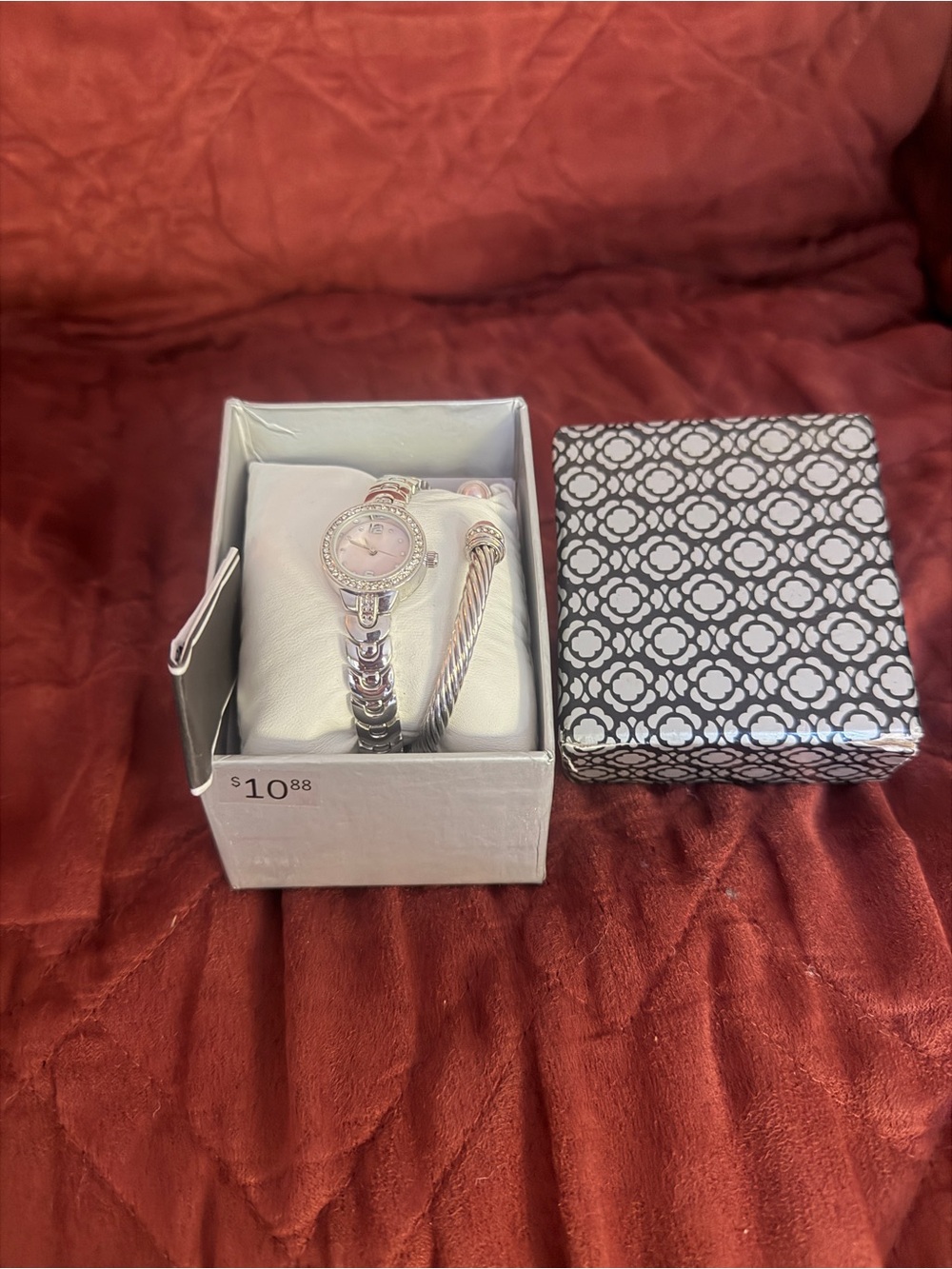 Silver-Tone Pink Dial Women's Bracelet Watch and Cable Bangle